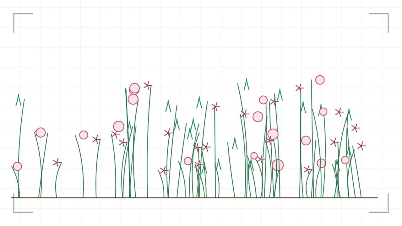 Blumenwiese in der Ansicht: 26 Halme unterschiedlicher Höhe stehen über einer Bodenlinie, mit drei verschiedenen Blütenformen — runde Köpfe, sternförmige Strahlen und schmale Rispen. Die Bestandsdichte nimmt von der rechten zur linken Bildseite hin ab.