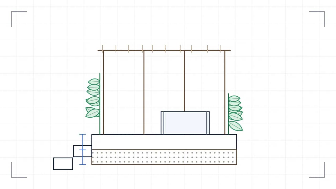 Schnitt durch einen Sitzplatz, mit einer Pergola auf Pfosten: unter der Deckschicht liegen zwei Aufbaulagen mit unterschiedlicher Schraffur, links bemessen. Am linken Ende führen drei Stufen hinunter. Am Rand steht eine Pflanze in Ansicht.
