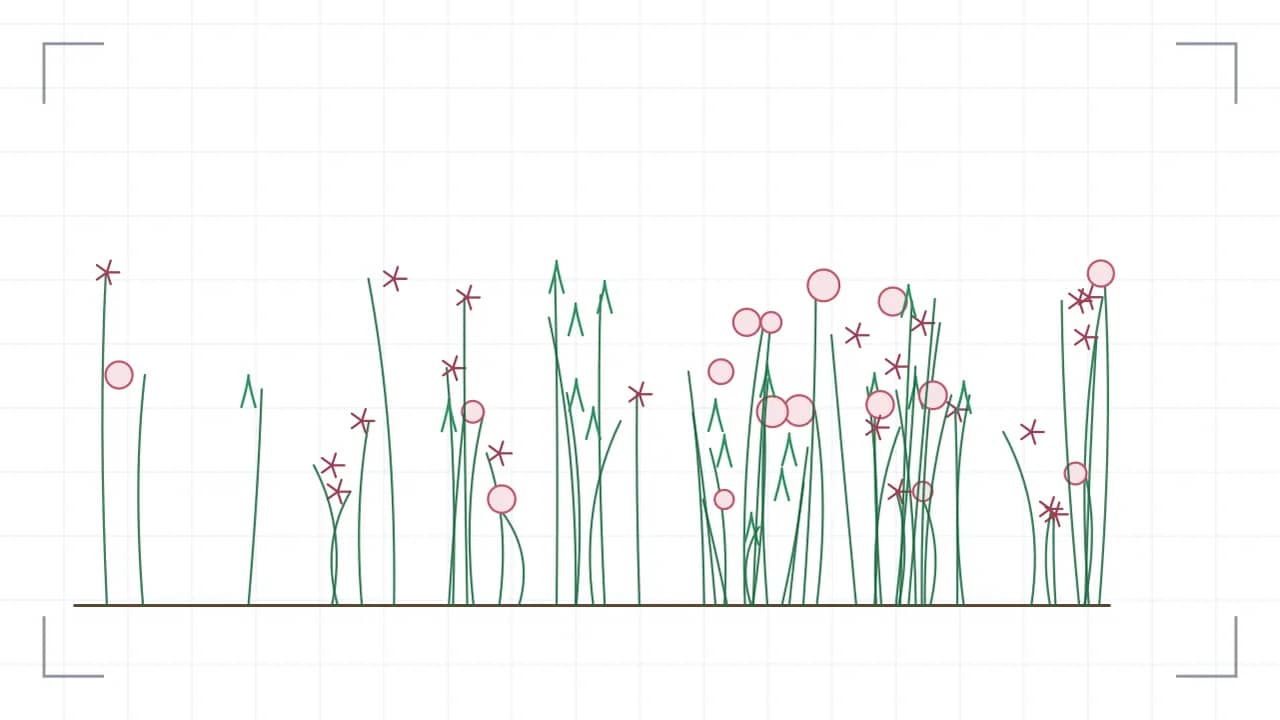 Blumenwiese in der Ansicht: 24 Halme unterschiedlicher Höhe stehen über einer Bodenlinie, mit drei verschiedenen Blütenformen — runde Köpfe, sternförmige Strahlen und schmale Rispen. Die Bestandsdichte nimmt von der rechten zur linken Bildseite hin ab.