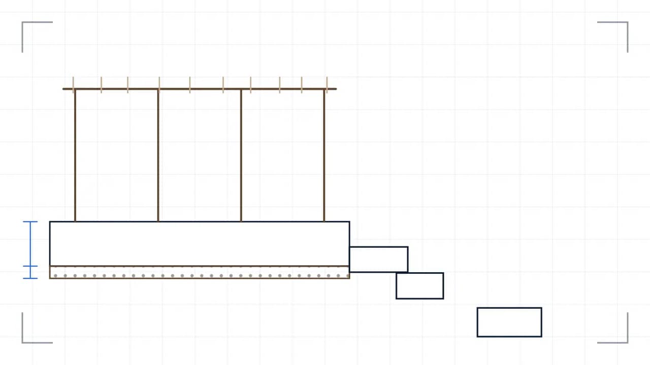 Schnitt durch einen Sitzplatz, mit einer Pergola auf Pfosten: unter der Deckschicht liegen zwei Aufbaulagen mit unterschiedlicher Schraffur, links bemessen. Am rechten Ende führen drei Stufen hinunter. Am Rand steht eine Pflanze in Ansicht.
