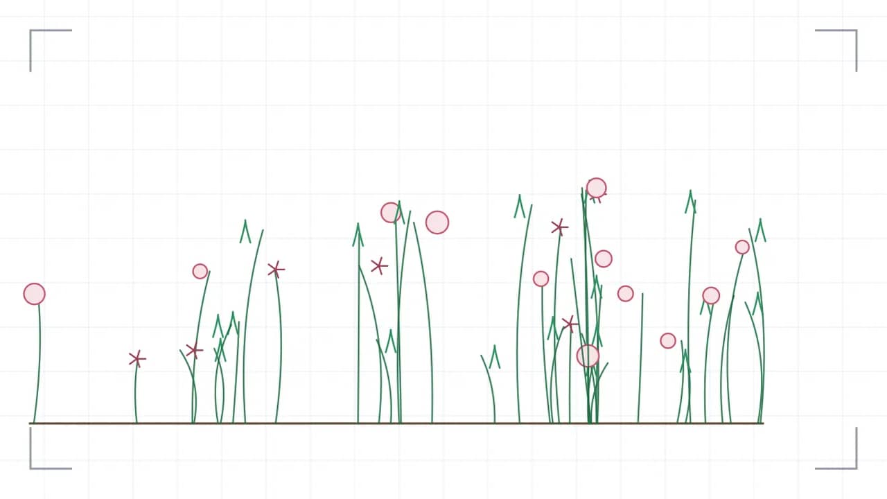 Blumenwiese in der Ansicht: achtzehn Halme unterschiedlicher Höhe stehen über einer Bodenlinie, mit drei verschiedenen Blütenformen — runde Köpfe, sternförmige Strahlen und schmale Rispen. Die Bestandsdichte nimmt von der rechten zur linken Bildseite hin ab.