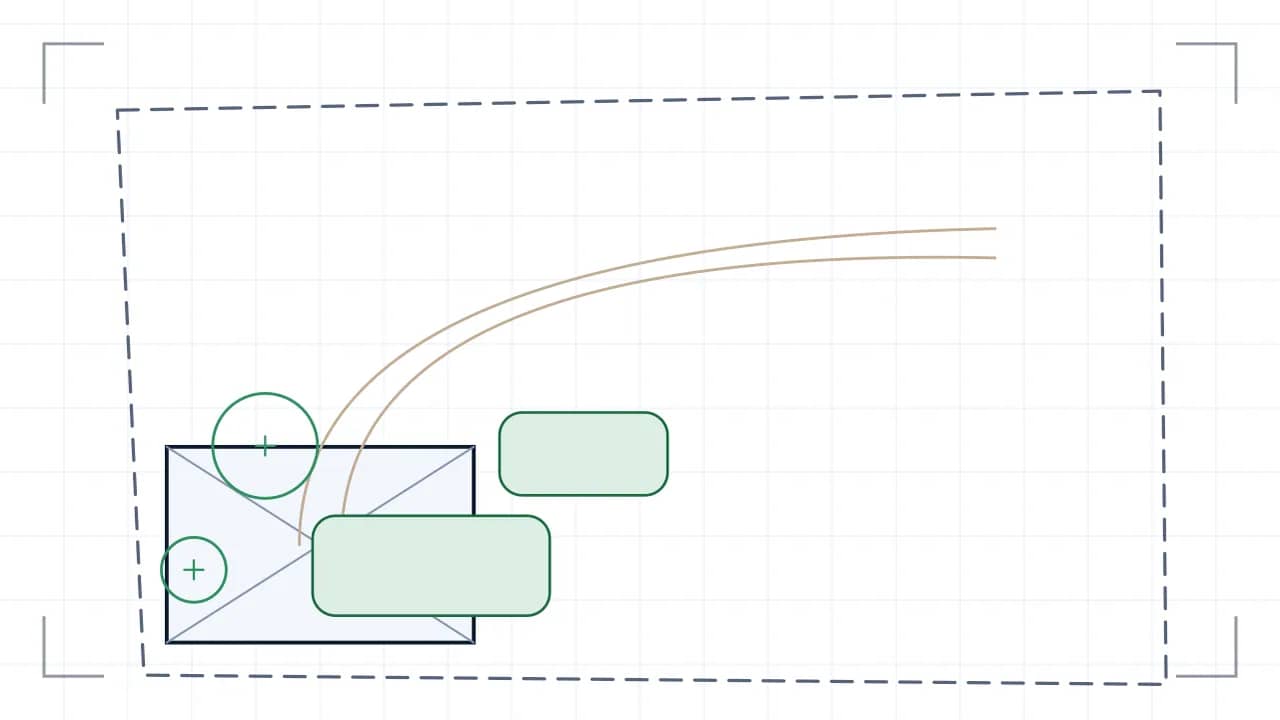 Gezeichneter Gartenplan in der Aufsicht: ein Haus an der Grundstücksecke, ein geschwungener Weg in den Garten, zwei Beete und zwei Baumkronen als Kreise, umschlossen von der gestrichelten Parzellengrenze.