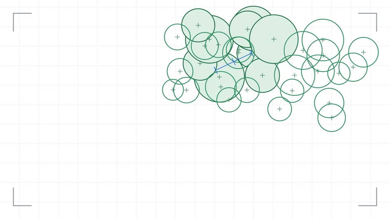 Pflanzplan in der Aufsicht: 25 Pflanzstellen als Kreise mit Kreuz, deren Radius den Platzbedarf der ausgewachsenen Pflanze zeigt, zusammengefasst in vier Gruppen unterschiedlicher Dichte. Zwischen zwei Stellen ist der Pflanzabstand bemessen.