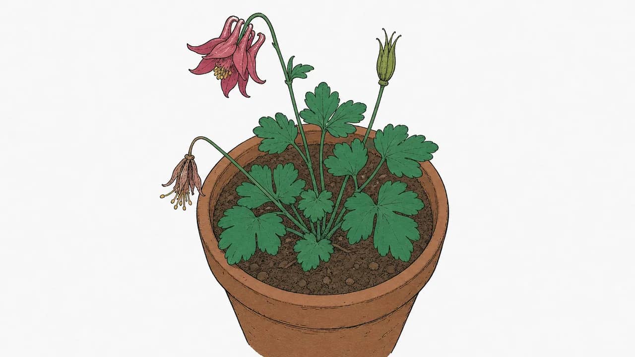 Ein Terrakottatopf mit einer Akeleiblüte, einer abgeblühten Blüte und einem sich bildenden Samenkapsel auf der Erde.