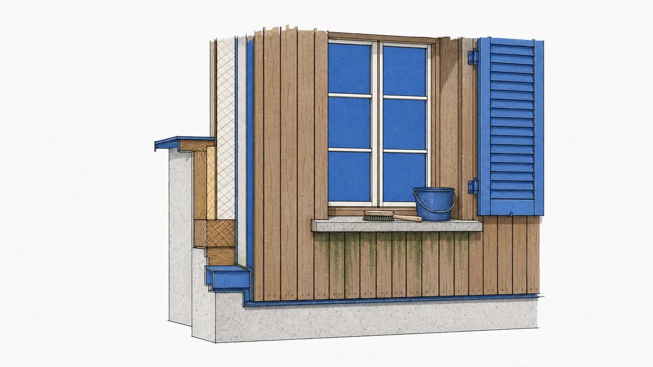 Eine holzverkleidete Nordfassade mit grünen Algenstreifen unter dem Fenstersims; eine Bürste und ein Eimer stehen auf dem Sims.