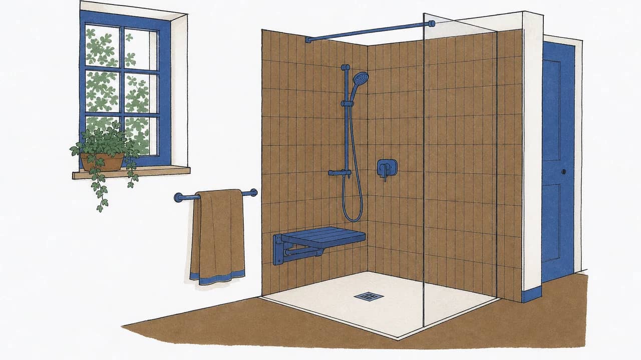 Ein Badezimmereck mit einer schwellenlosen Dusche, heruntergeklapptem Duschsitz und einem Handtuch am Handtuchhalter.