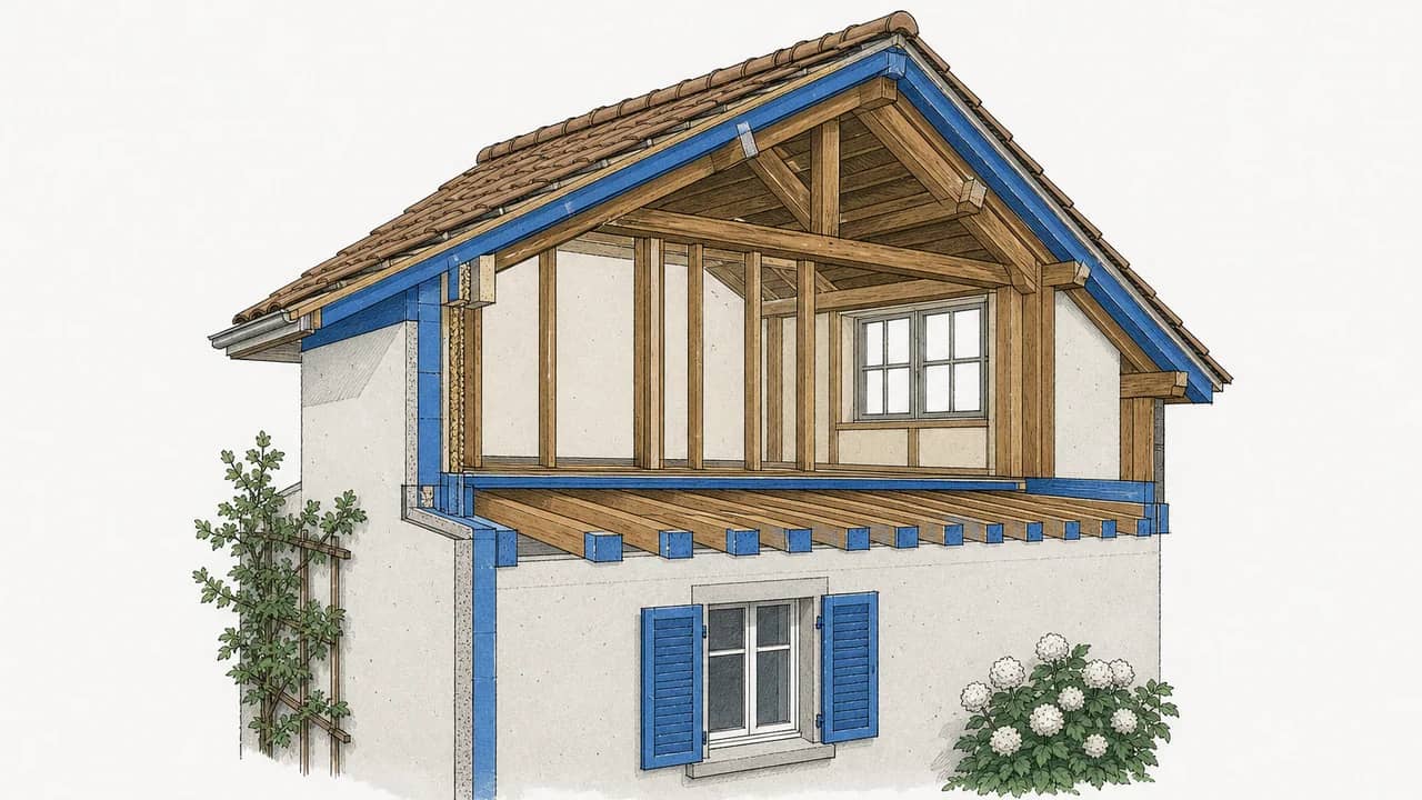 Ein Querschnitt durch den Dachfirst mit neu eingesetztem holzgerüstetem Stockwerk und freiliegenden Deckenbalken.
