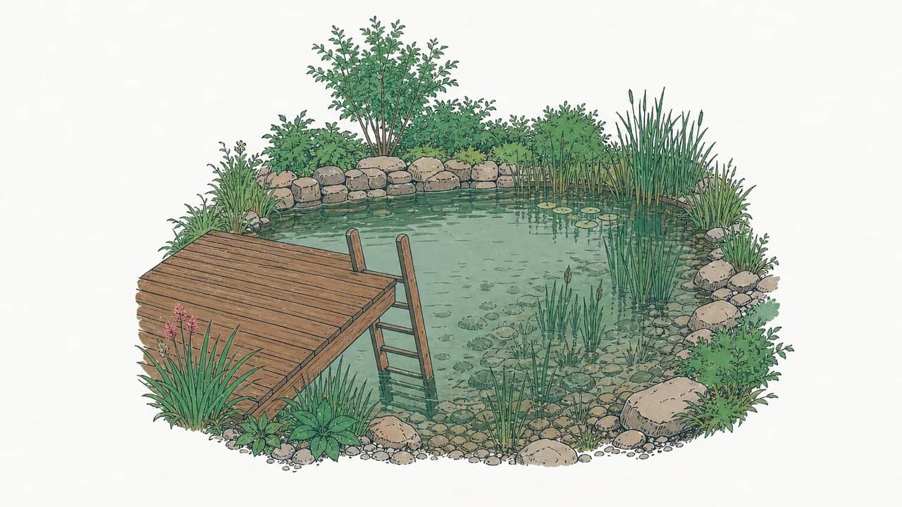 Ein Holzdeck liegt am Rand eines Natur-Schwimmteichs, eine Holzleiter lehnt ins klare Wasser mit sichtbaren Unterwasserpflanzen.