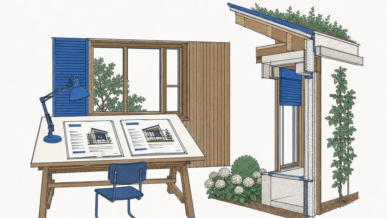 Eine timber‑clad Büroecke mit Zeichentisch und zwei aufgelegten, geöffneten Honorarofferten nebeneinander.