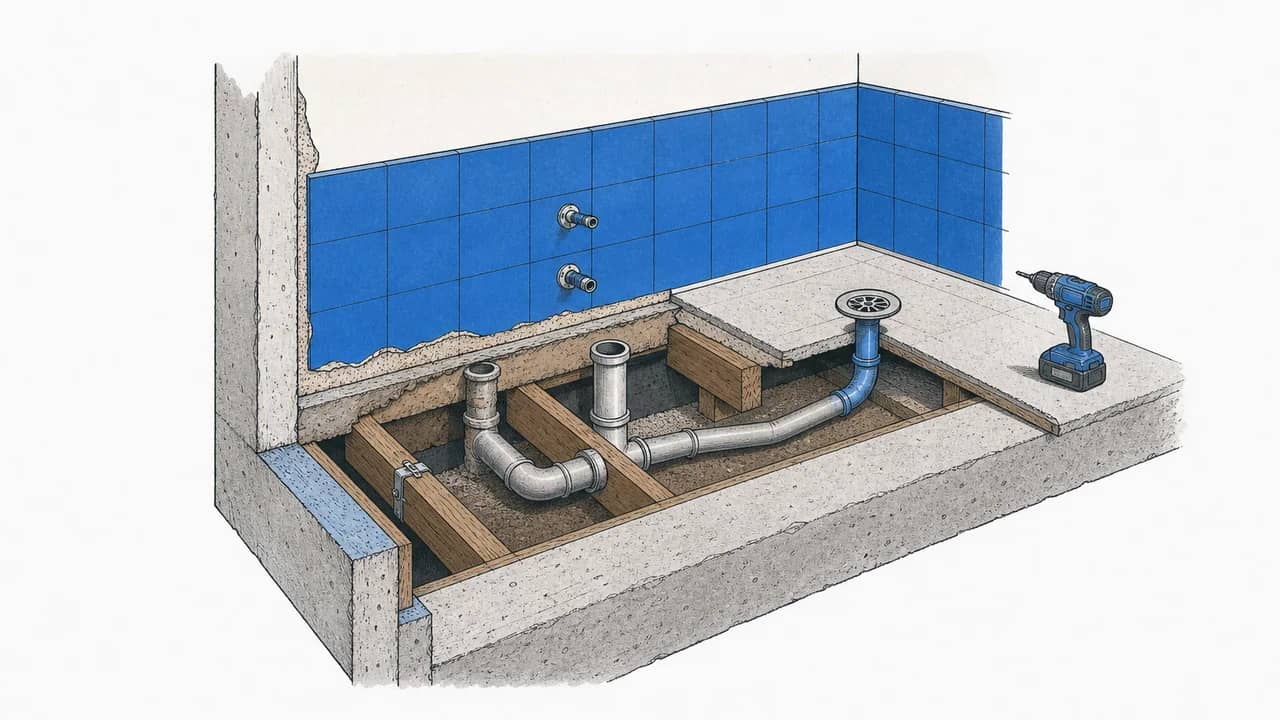Schnitt des Badezimmer-Fussbodens mit entferntem Bad, freigelegten Abwasserrohren, umverlegtem Duschabfluss und einem akkubetriebenen Bohrer daneben.