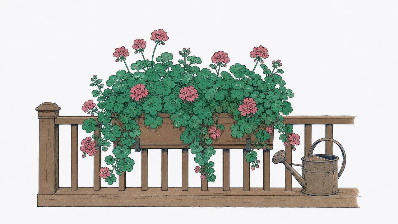 ein Blumenkasten mit hängenden Geranien am Balkongeländer und einer kleinen Metallgiesskanne daneben.