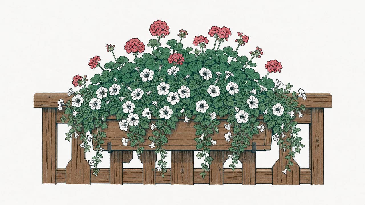 Eine Holzblumenkiste, aus der Hängepetunien und aufrechte Geranien über die Holz-Balkongeländerblende hinausragen.