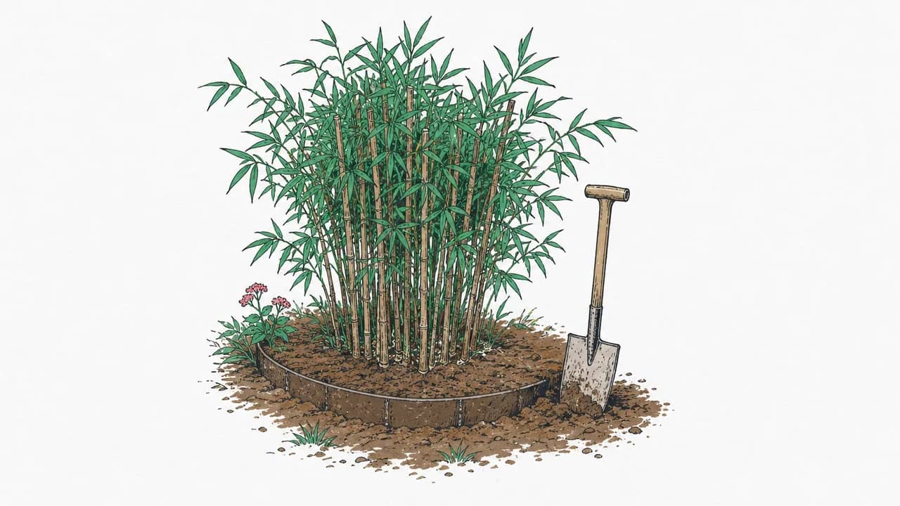 Ein Bambushorst mit sichtbarer Rhizomsperre sowie eine eingesteckte Gartenschaufel neben dem Horst.