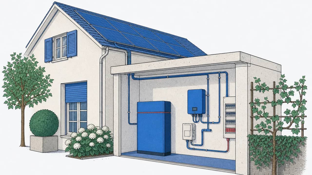 Eine wandmontierte 10 kWh Heim‑Batterie, ihr Wechselrichter und zum Dach führende Kabelkanäle.