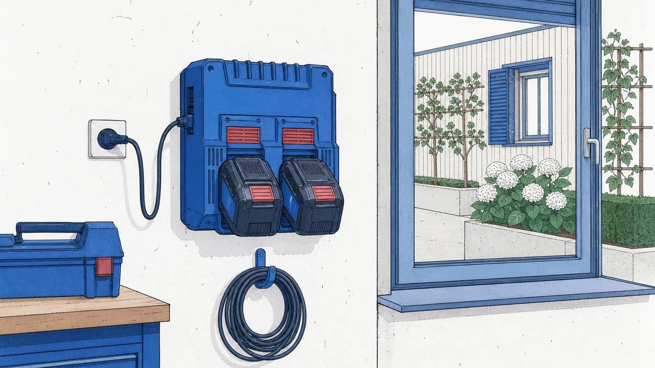 Ein wandmontiertes Baustellen-Batterieladegerät mit zwei angeschlossenen Akku-Bohrer-Batterien und einem aufgerollten Ladekabel an einem Haken.