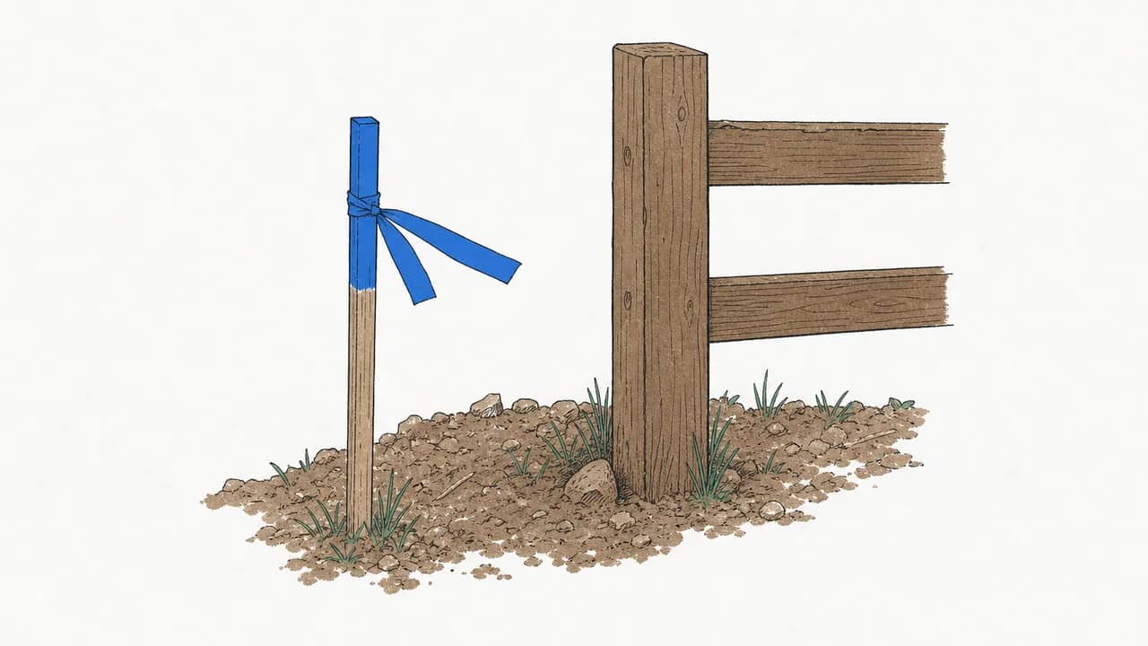 Ein Grenzpfahl mit auffälligem Vermesserband neben einem Holzpfosten an einem geräumten Bauplatz.