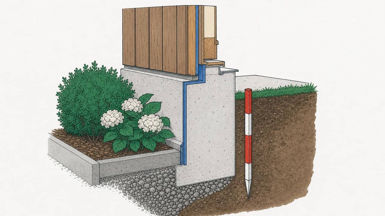 Ein Schnitt zeigt die holzverkleidete Gartenwandbasis mit einer rot-weiss markierten Profilstange, im Boden neben dem Fundament eingeschlagen.