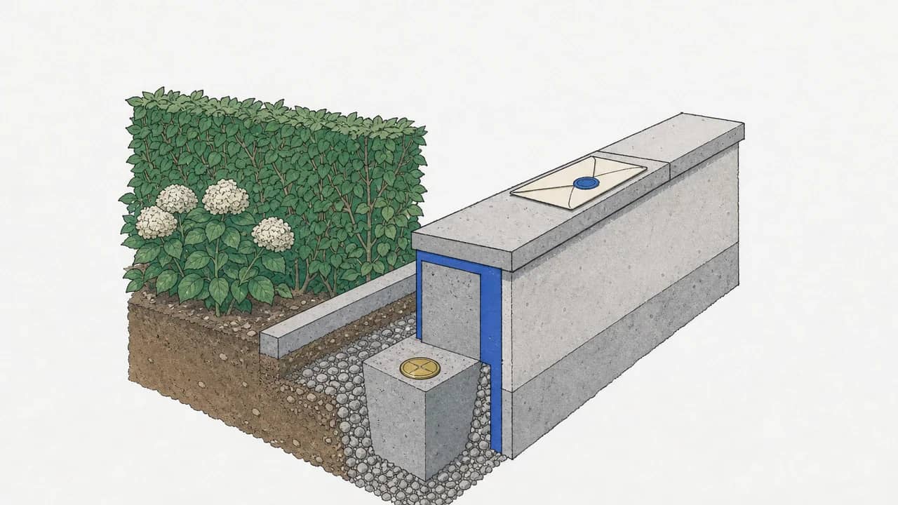 Schnitt des Vorgartens an der Grundstücksgrenze mit eingelassenem Messingvermessungszeichen im Beton und einem versiegelten Gerichtsbrief auf der niedrigen Mauer.