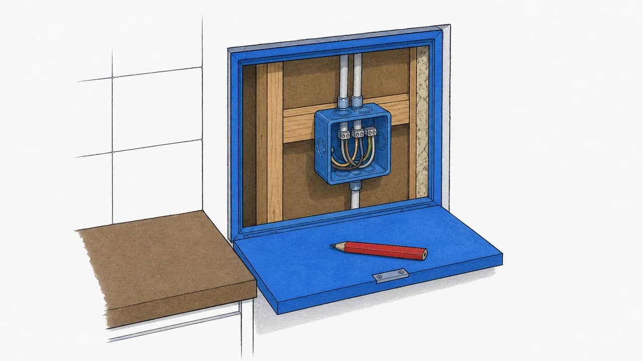 Schnitt einer Küchenwand mit geöffnetem Serviceklappe, zusätzlicher Elektro-Abzweigdose im Innern und einem roten Bau-Markierstift auf der Klappensims.