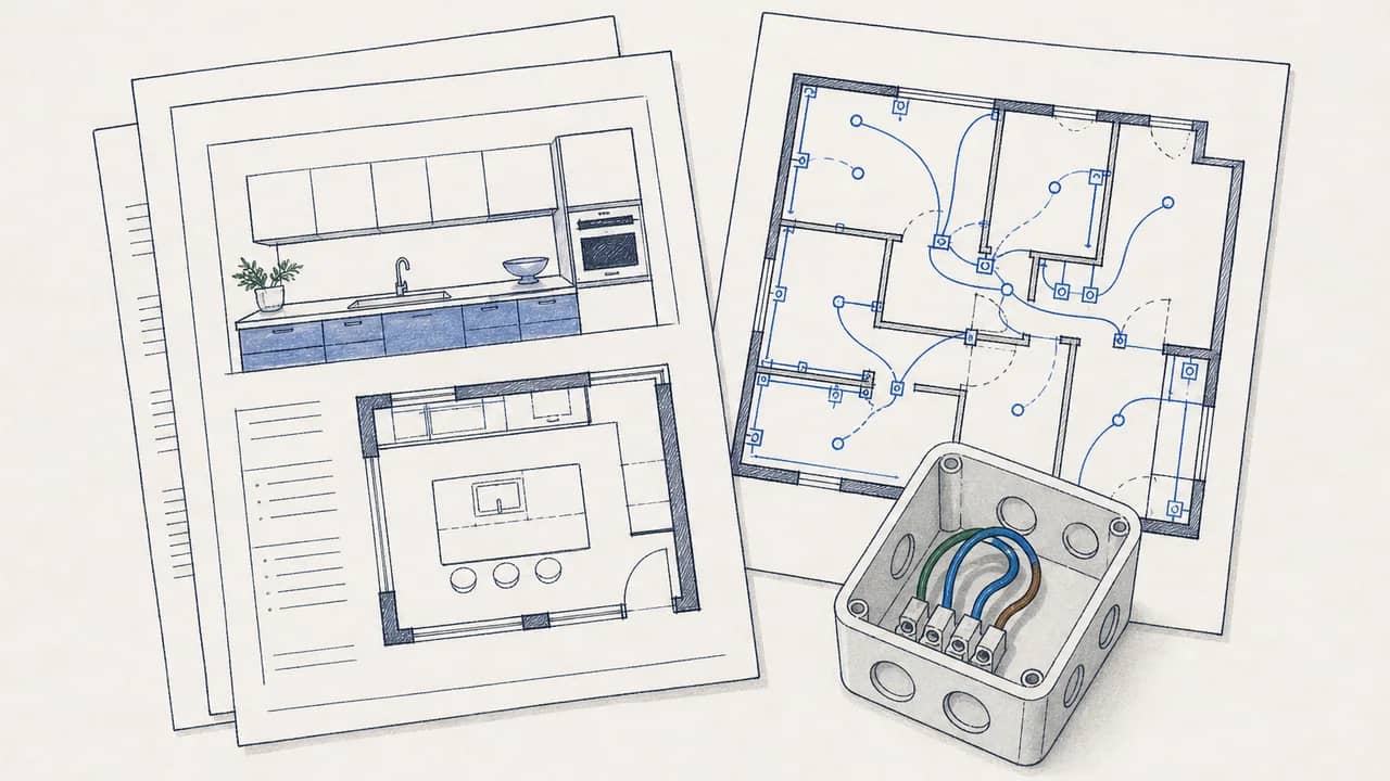 Von oben gesehen: ein Küchen-Offertenblatt, ein Ausdruck des Elektroplans und eine kleine Installationsdosen‑Einheit auf dem Tisch.
