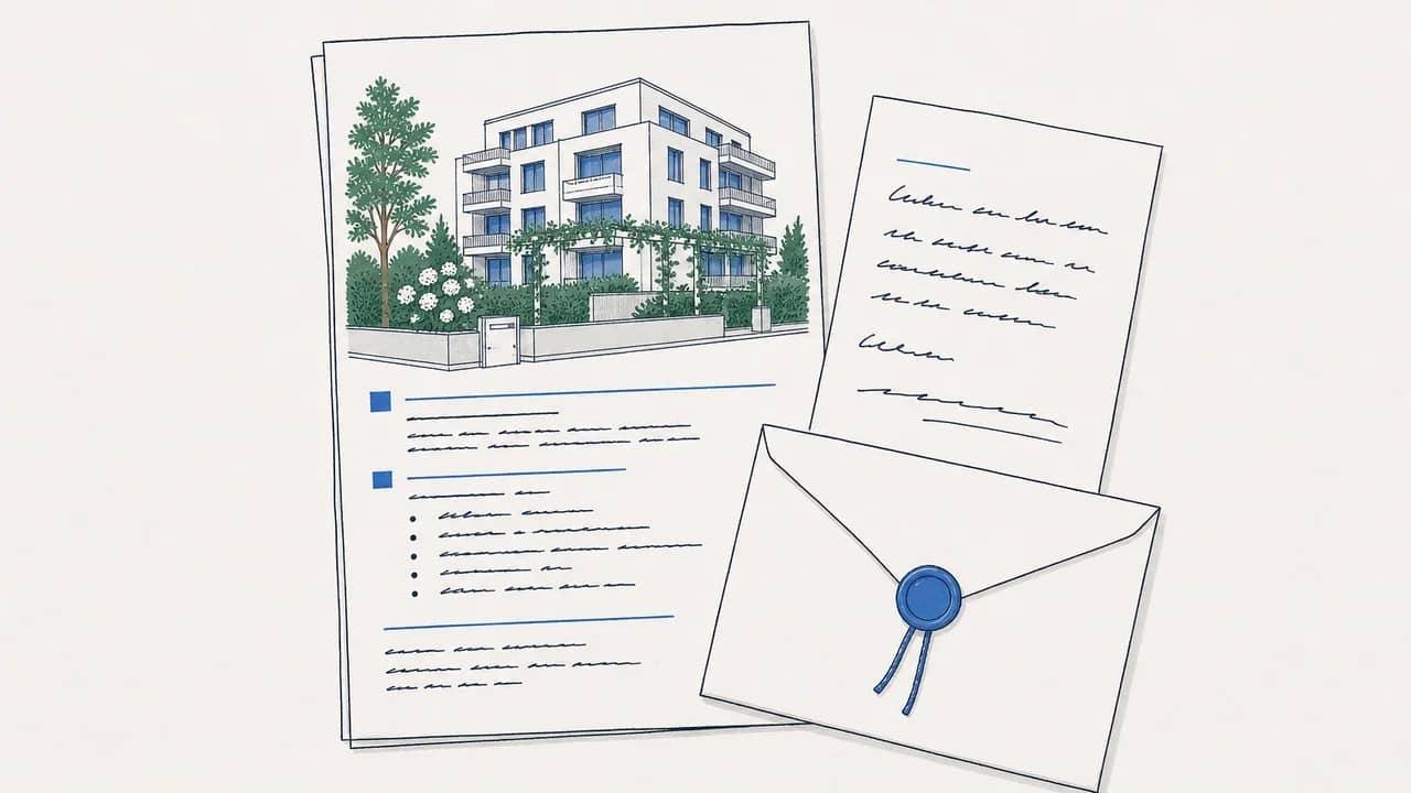 Von oben gesehen: das Protokoll der Eigentümerversammlung, eine handgeschriebene Einsprache-Notiz und ein verschlossener Briefumschlag auf dem Tisch.