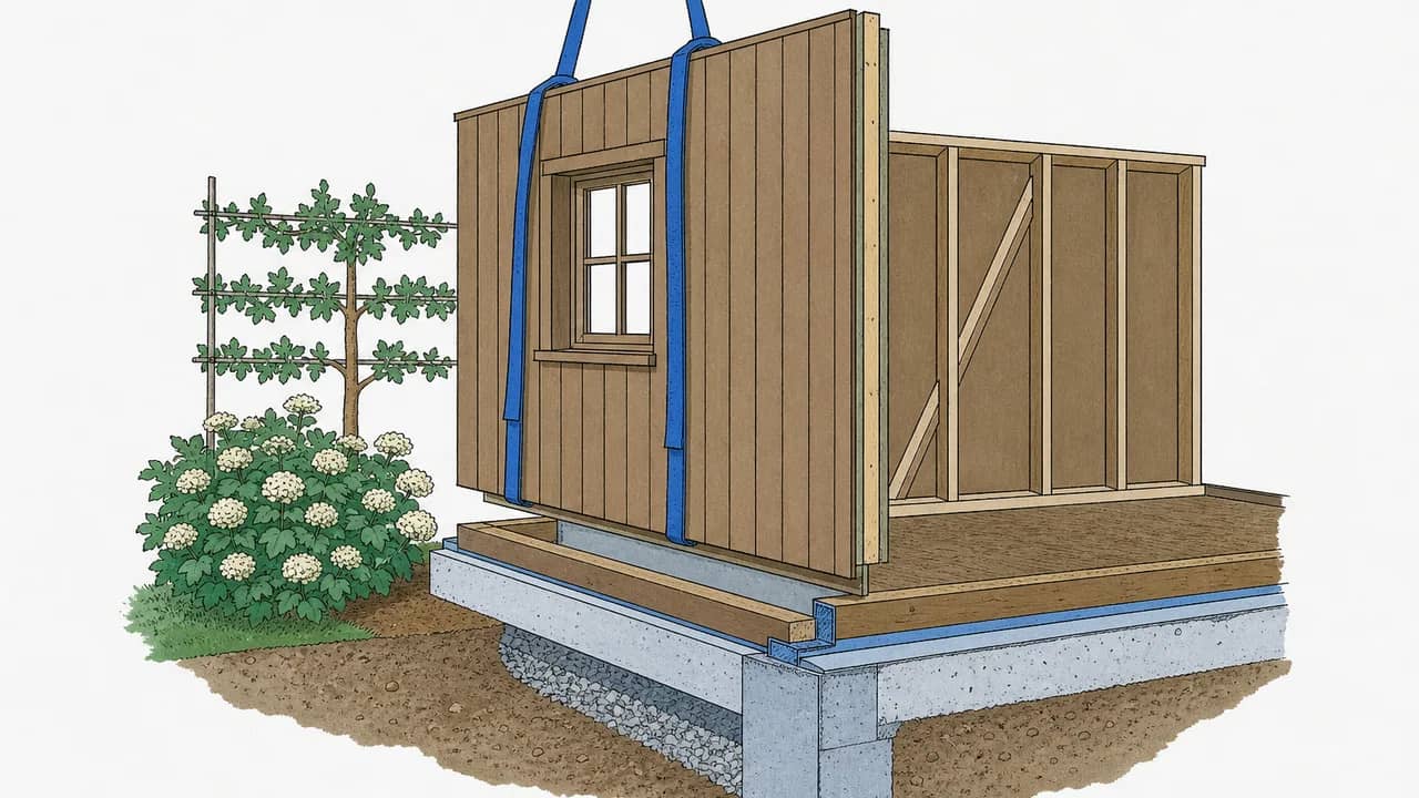 Schnitt des Fundamentes eines Holz-Gerätehäuschens mit teilmontiertem Fertigwandpaneel, über das Hebebänder gelegt sind.