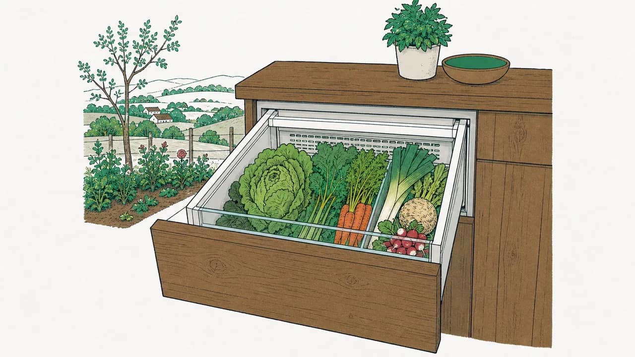 Eine geöffnete, eingebaute BioFresh-Schublade mit gemischtem Gemüse auf einer hölzernen Küchenarbeitsfläche neben einem holzverkleideten Schrank.