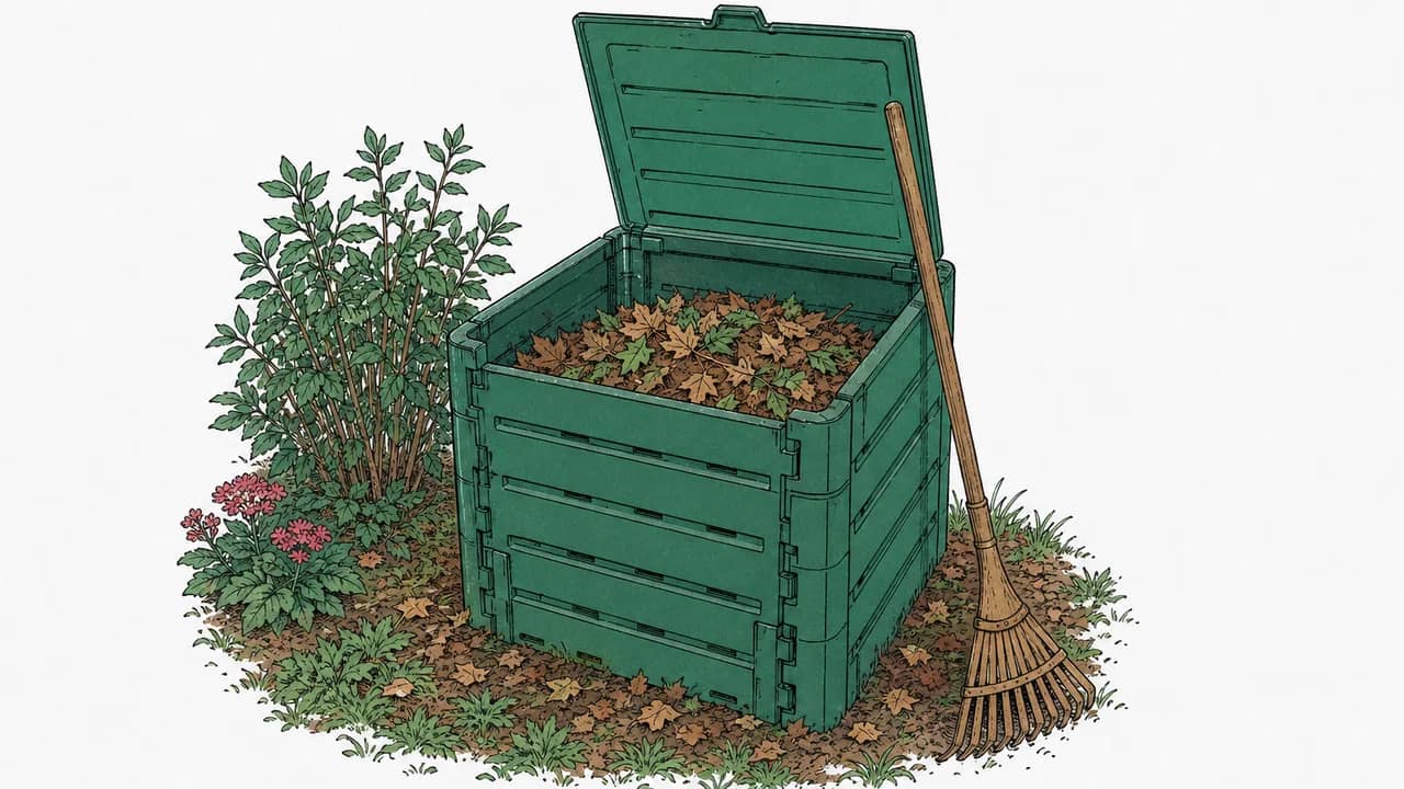 Ein offener Kunststoff-Kompostbehälter ist halb mit Herbstlaub gefüllt; ein hölzerner Gartenrechen lehnt dagegen.