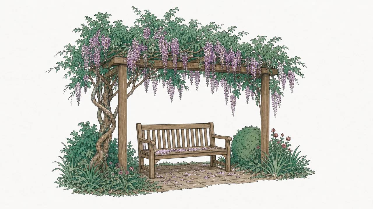 Eine schwere Glyzinie, die über ein Holzpergola herabfließt, mit Blütenblättern auf einer Holzbank darunter.