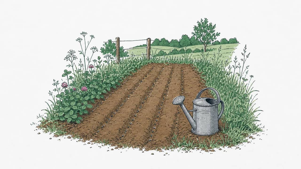 Ein newly sown wildflower strip mit sichtbaren Saatreihen und einer metal watering can, die daneben steht.
