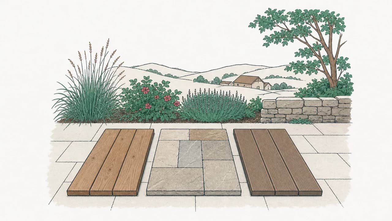 Drei Bodenmuster für die Terrasse: eine Lärchen-Deckingbohle, eine Natursteinfliese und eine Verbunddiele liegen nebeneinander auf Pflaster.