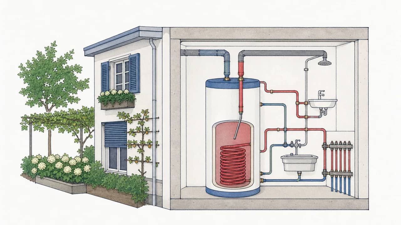Ein Warmwasserboiler mit eingeführtem Thermometerfühler und isolierten Zuleitungs- sowie Rücklaufrohren.