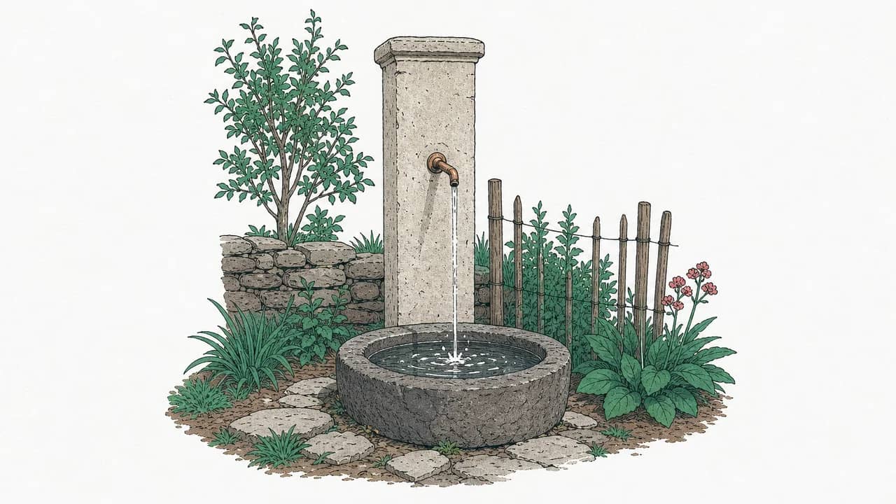 Ein Natursteinpfeilerbrunnen mit einem kleinen Kupferauslauf, aus dem Wasser sanft in ein flaches Basaltbecken fällt.