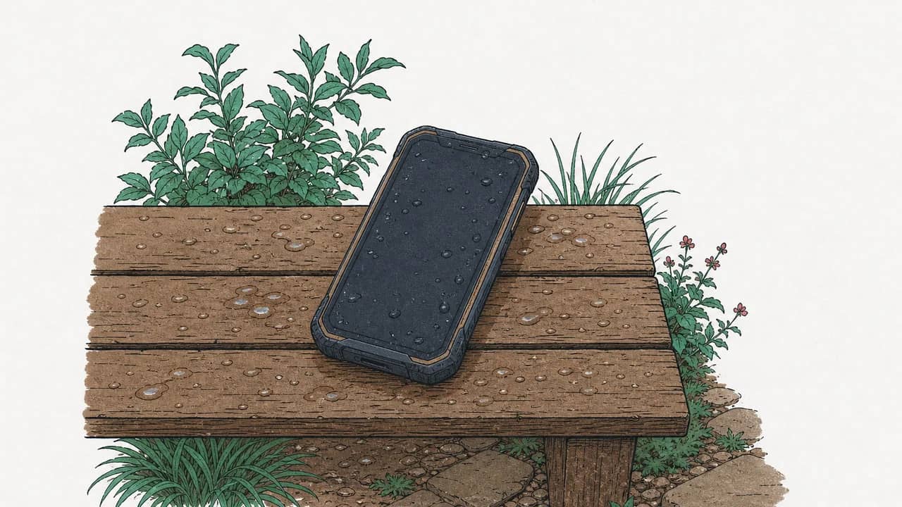 Ein robustes Outdoor-Smartphone auf einer regen­nassen Holzbank mit verstreuten Wassertropfen.