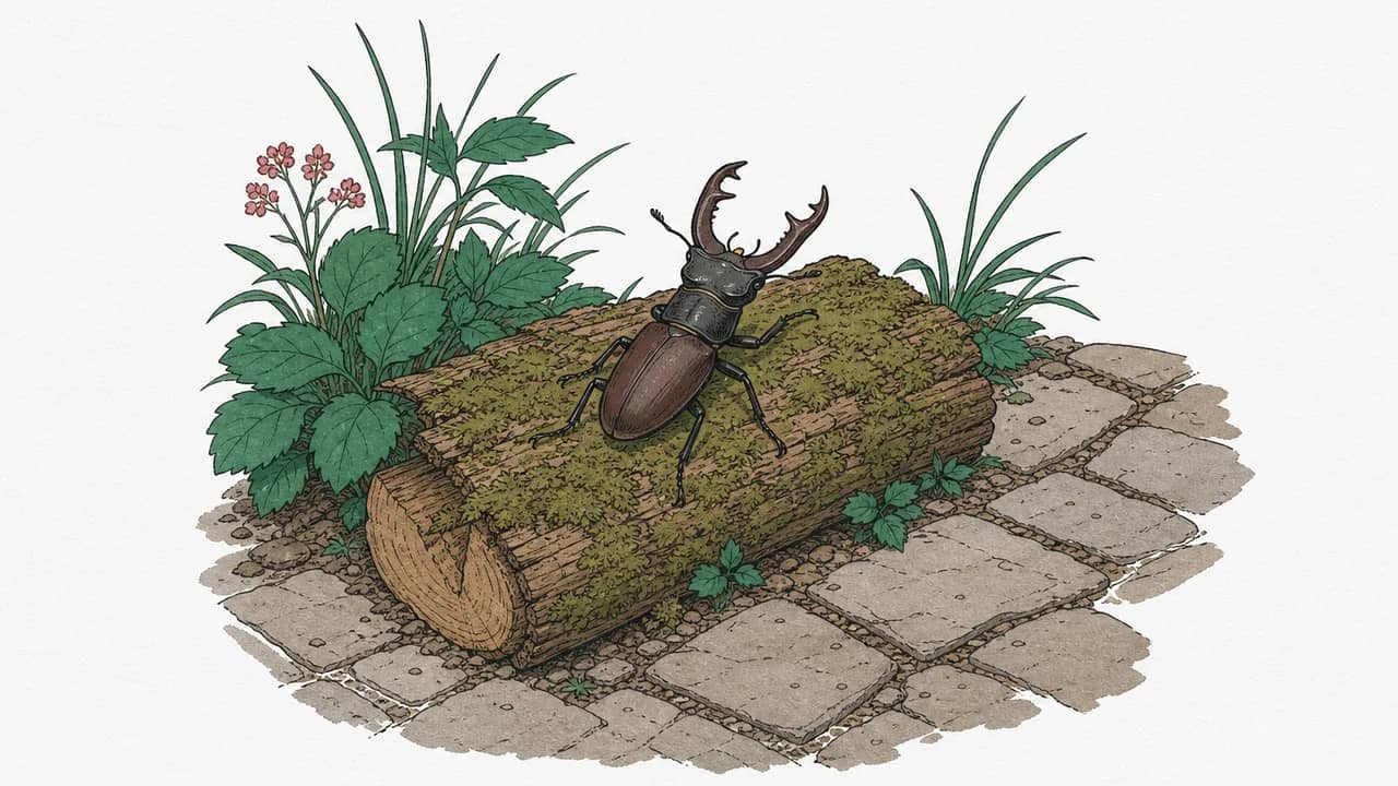 ein männlicher Hirschkäfer und ein moosbedecktes Gartenholzstück auf dem Rand einer steinernen Terrasse