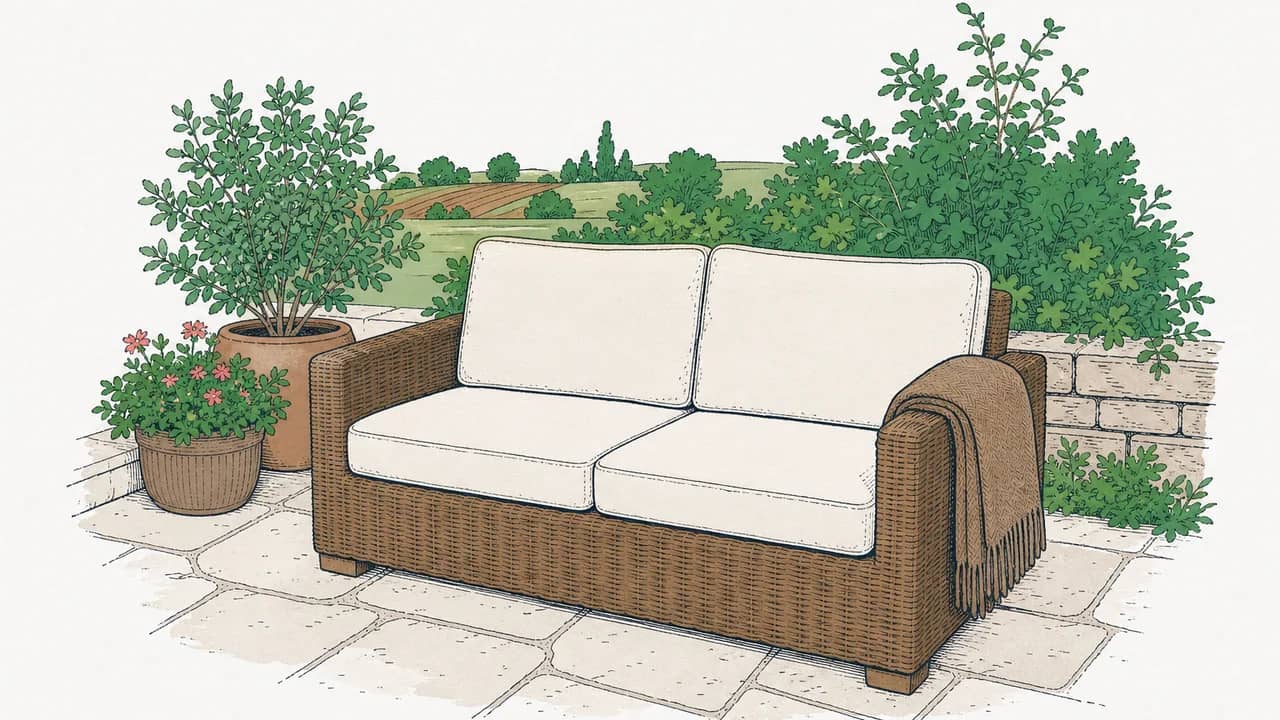 Eine Rattan‑Sitzbank mit zwei Kissen steht auf der Terrasse; eine gefaltete Wolldecke hängt über einer Armlehne.
