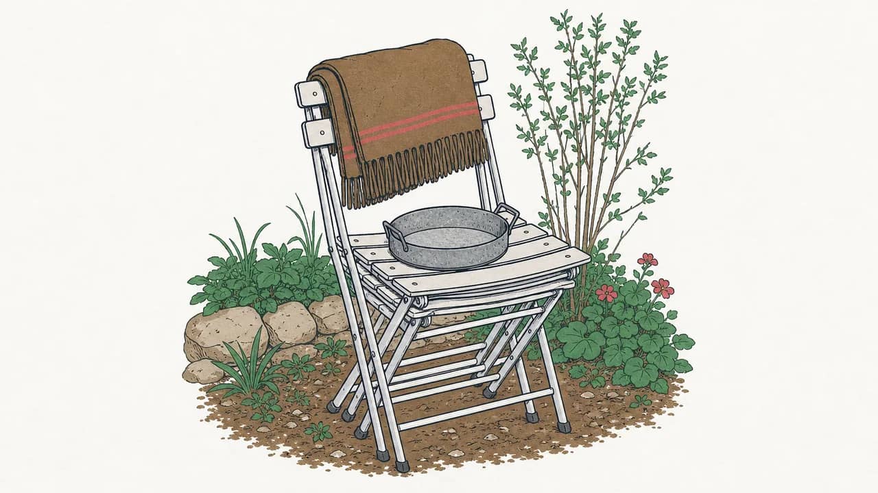 Drei ineinander geschobene leichte Aluminium-Gartenstühle, eine zusammengelegte Wolldecke über dem Stapel und ein verzinktes Tablett auf dem Sitz.