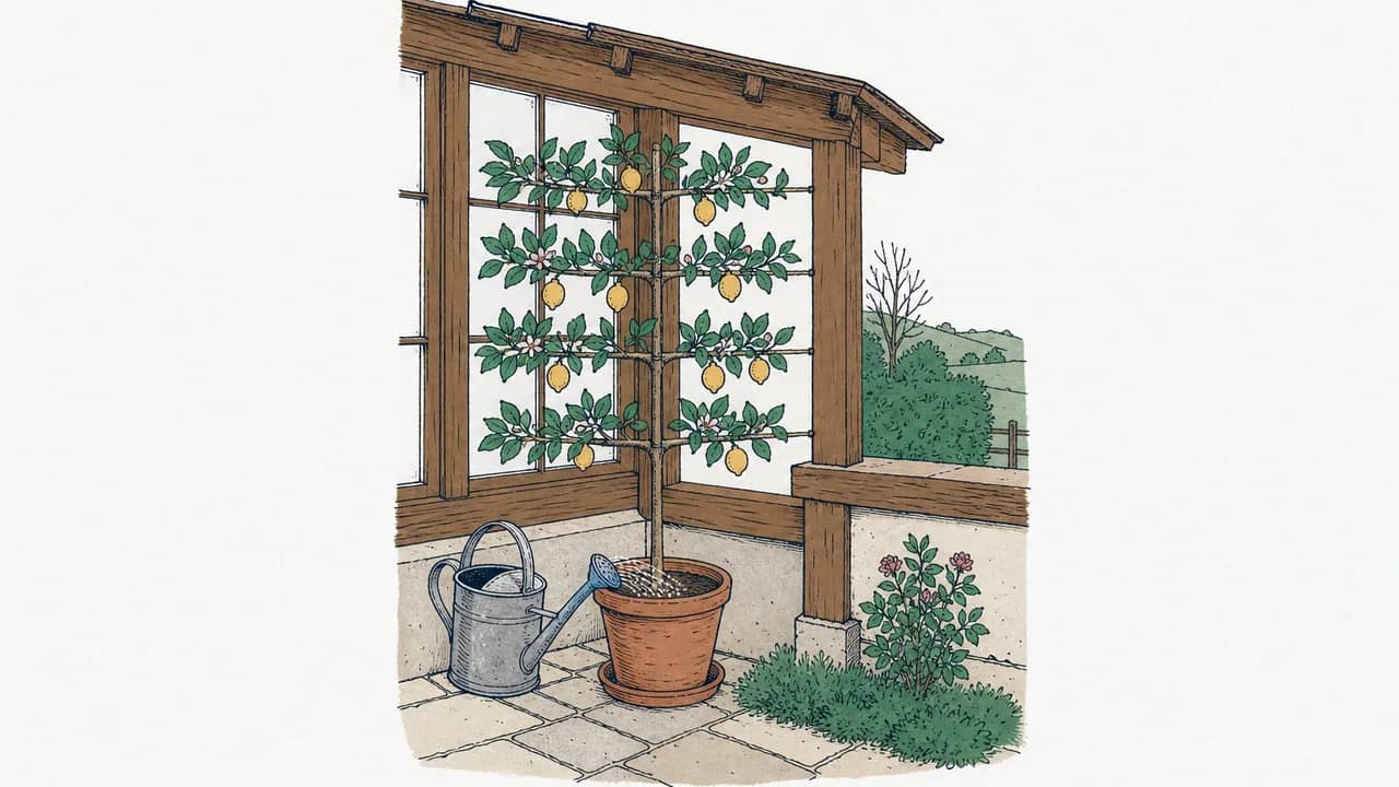 eine holzgerahmte Wintergartenecke mit einem Spalier-Zitronenbaum in einem Terrakottatopf und einer Giesskanne, aus der Wasser fliesst.