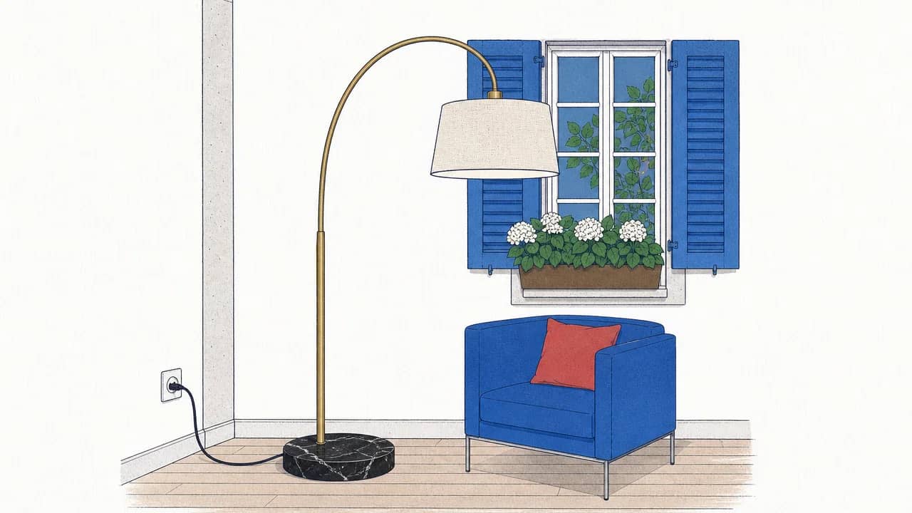 Eine Messing-Bogenstandlampe mit schwarzem Marmorsockel, gebogenem Arm und einem sichtbaren Stoffschirm, eingesteckt in eine Wandsteckdose.