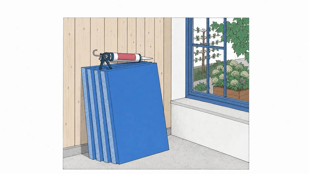 Ein Stapel Dämmplatten lehnt an einer holzverkleideten Innenwand, darauf liegen eine Kartuschenpistole und eine Tube Montagekleber.
