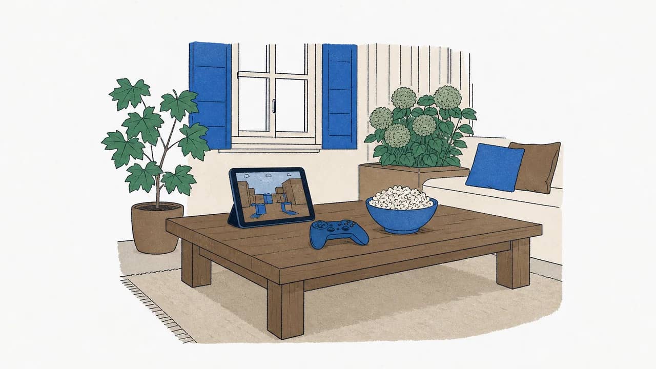 Auf dem niedrigen Holzcouchtisch liegen ein Tablet mit Spielanzeige, ein kabelloser Controller und eine Schüssel Popcorn.