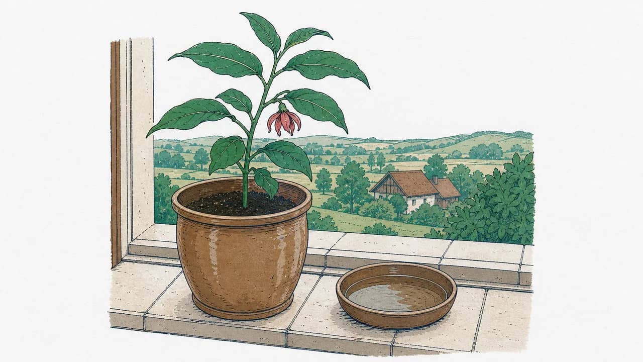 Auf dem gefliesten Fenstersims steht ein glasiert-keramischer Topf mit junger Ylang-Ylang-Pflanze und eine flache Keramikschale mit Wasser.