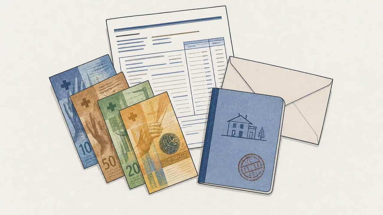 Auf dem Küchentisch sieht man sortierte Banknoten, einen Pensionskassen-Auszug, ein gestempeltes Sparbuch und einen Briefumschlag.