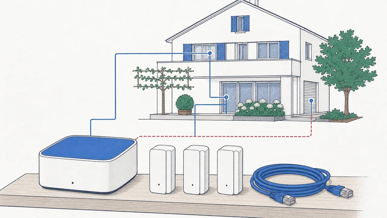 Eine kompakte Smart-Home-Basisstation auf einem Regal mit drei batteriebetriebenen Türkontakten daneben und einem aufgewickelten Ethernetkabel.
