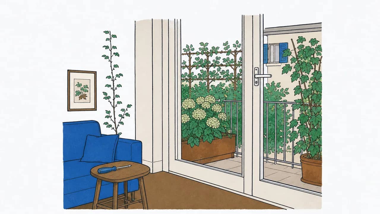 Ein Zimmereck mit geschlossener Terrassentür, sichtbarer Verriegelung am Fenster/Tür und einem Schraubenzieher auf einem Beistelltisch.