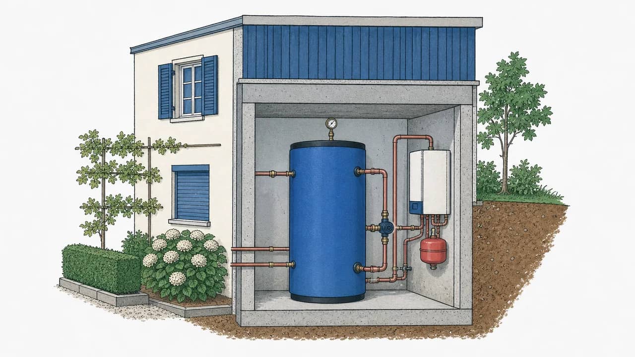 Ein stehender, isolierter Warmwasserpufferspeicher mit angeschlossenen Vor- und Rücklauf-Kupferrohren und einem Manometer obenauf.
