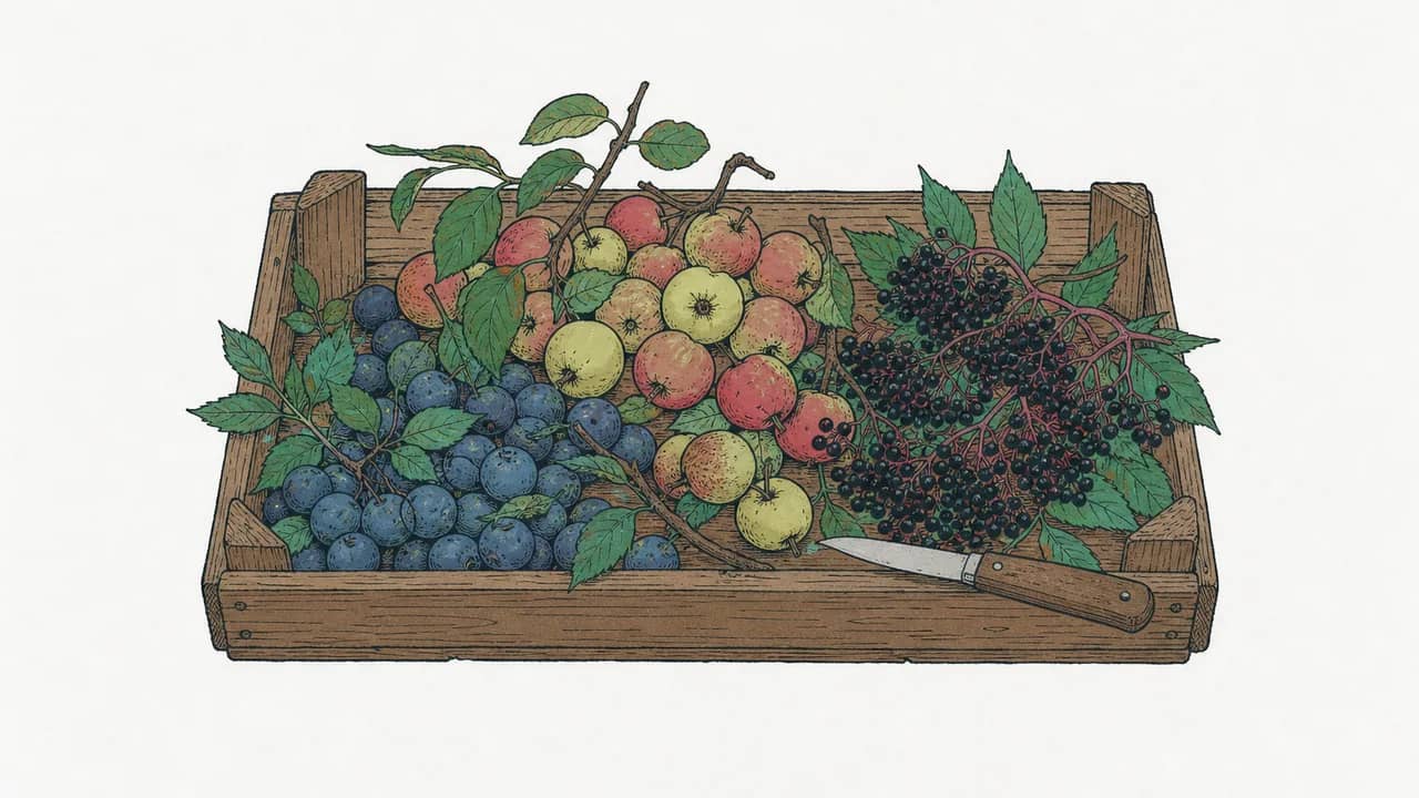 Eine flache Holzkiste mit Schlehen, Zieräpfeln und Holunderbeeren sowie einem kleinen Schälmesser auf dem Kistenrand.