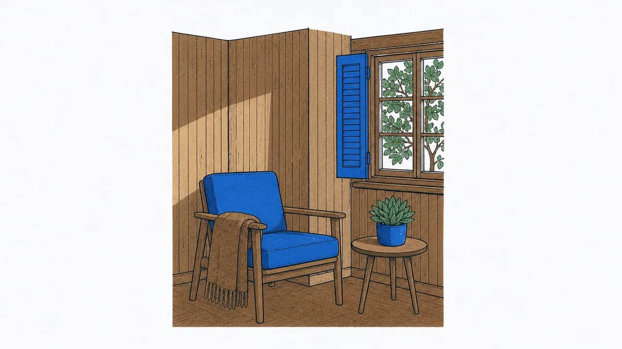 In einer holzverkleideten Ecke steht ein Mid-Century-Sessel mit Wollüberwurf neben einem kleinen Beistelltisch mit Sukkulente im Nachmittagslicht.