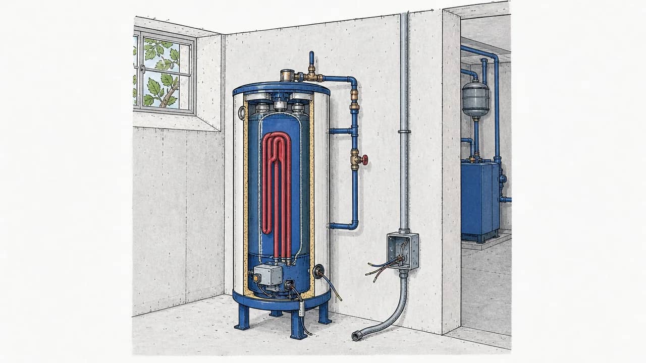Ein Elektroboiler im Keller mit abgenommener Isolierhülle und einem loshängenden Elektrokabel ist zu sehen.