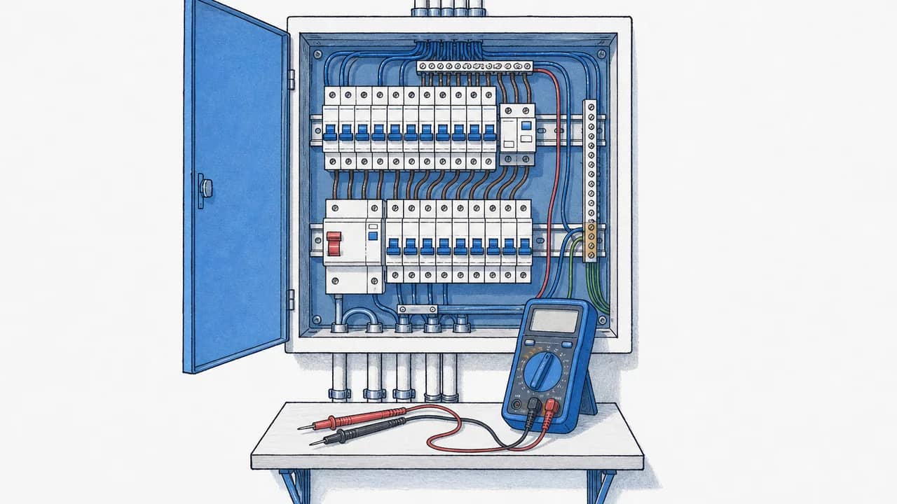 Ein geöffneter Verteilkasten mit freiliegenden Sicherungen und ein Multimeter auf einem Regal stehen sichtbar.